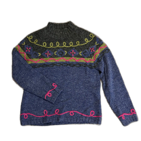 Vintage 80s In Knit Gray Blue Wool Blend Loop Detail Mock Neck Sweater Size M - Picture 1 of 11